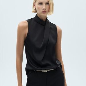 Mango Turtleneck Draped Black Sleeveless Satin Blouse NWT Size XL